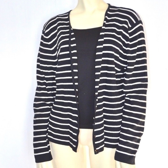Fred David button‎ front black cardigan sz L stripe - Picture 1 of 4